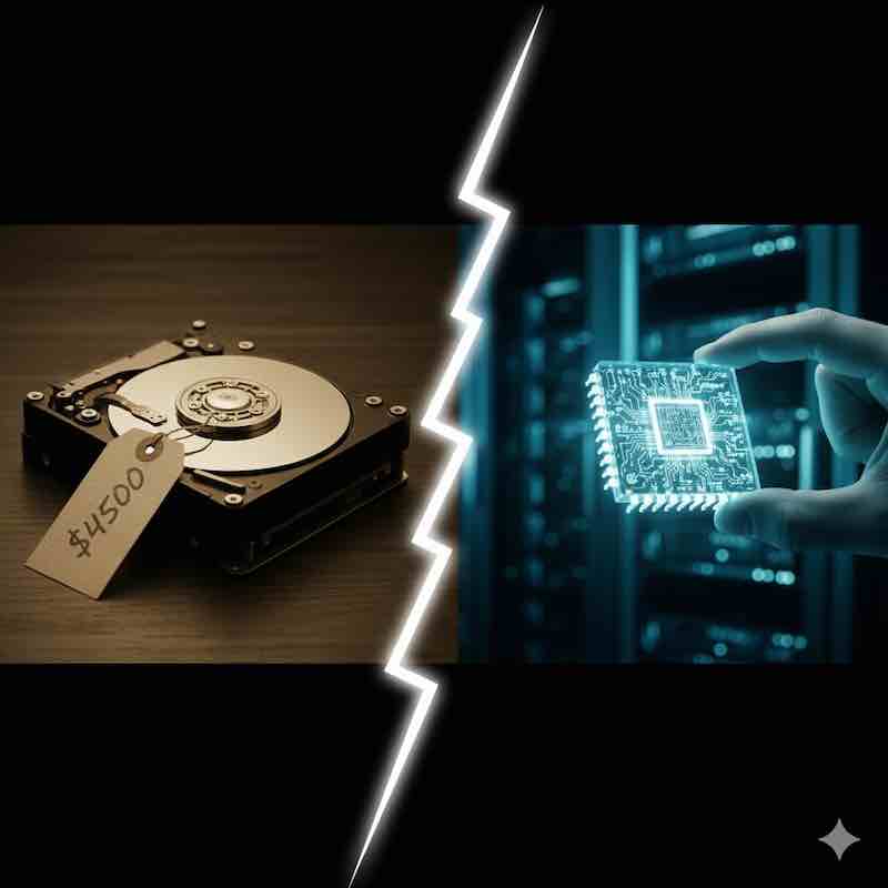 Comparison of a 1980s Winchester hard drive and a futuristic glowing chip.