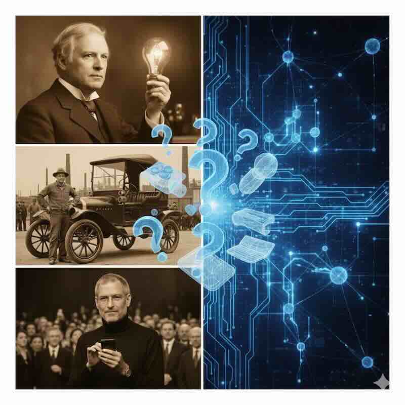 AI neural network visualization merging with images of Edison's lightbulb, Ford's Model T, and modern smartphones, surrounded by question marks and glowing future products.