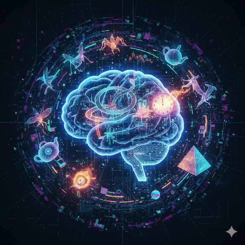 A glitching holographic AI face speaking with confident expression while false information floats around it.