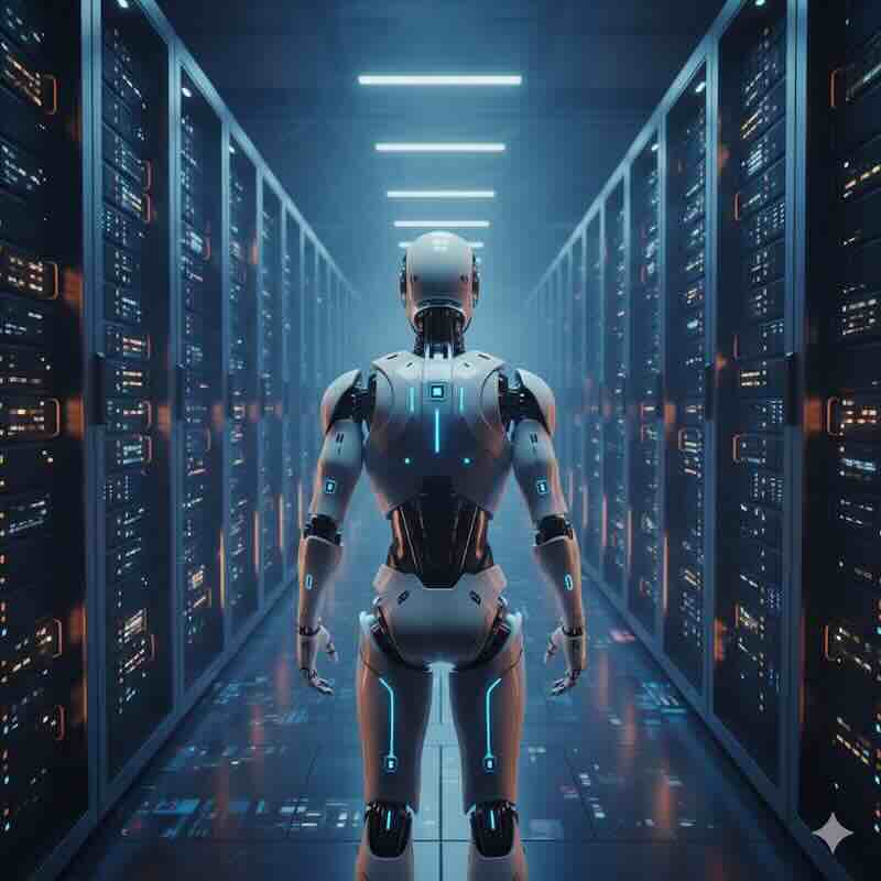 A sleek humanoid robot standing in front of a massive, glowing server room, highlighting the contrast between the machine and the scale of its brain.
