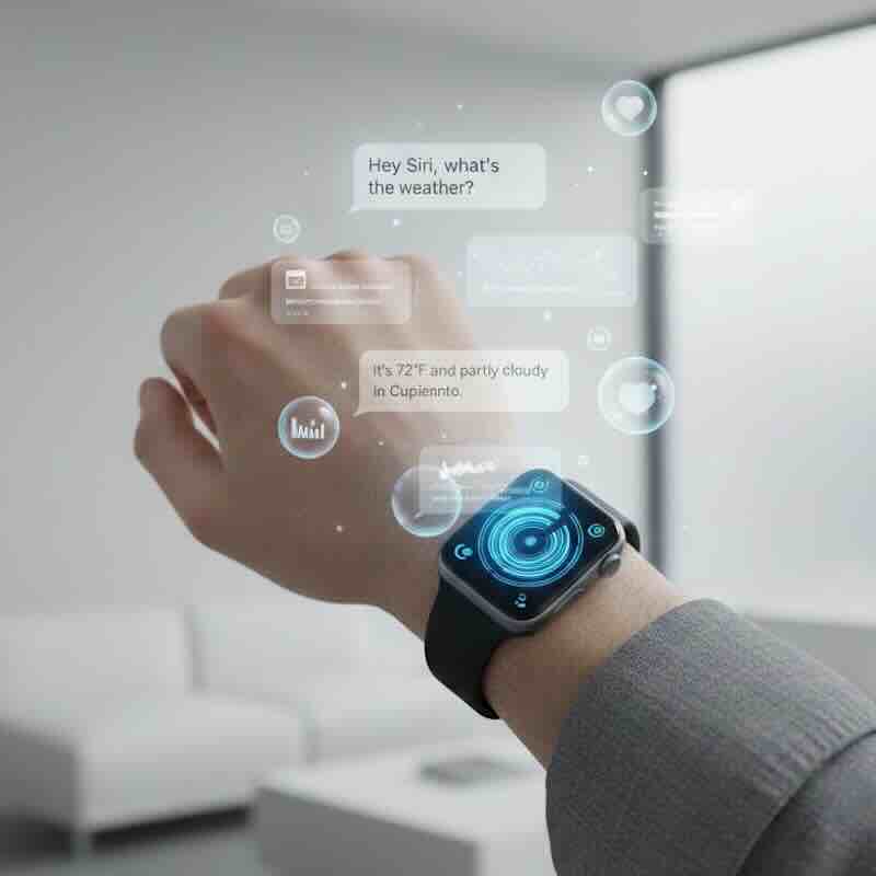 Person raising their wrist to speak to an Apple Watch with AI conversation bubbles appearing above it.