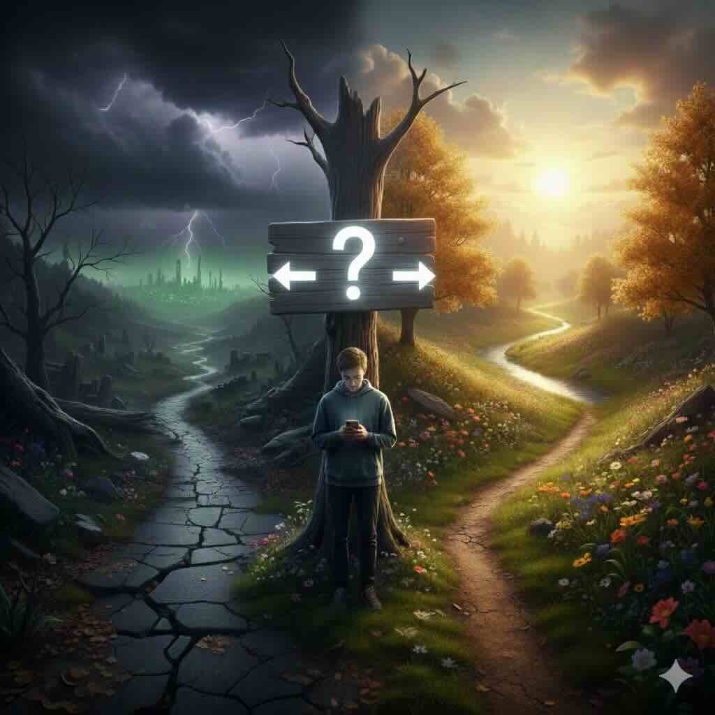 A person looking at their phone at a crossroads sign with two arrows pointing in opposite directions and a question mark in the center. One road is gloomy, the other is bright.