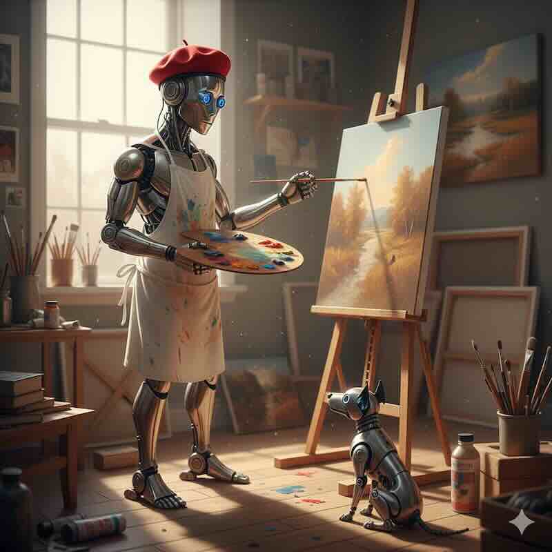 Split image showing a human artist painting on one side and AI-generated holographic art on the other, merging in the middle.