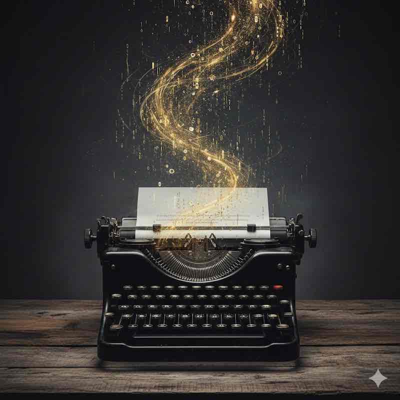 A vintage typewriter merging into a stream of digital binary code.