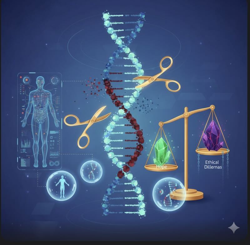 Image illustrating CRISPR gene editing and its ethical weighing scale.