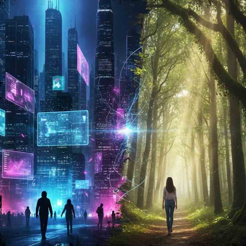 Conceptual split image showing a futuristic cityscape of screens and data streams merging with a serene, sunlit forest path where a single figure walks away from the technology.