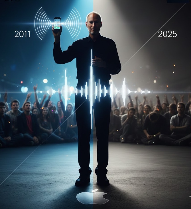 Steve Jobs silhouette presenting iPhone with Siri waveform, split between vibrant 2011 colors and faded 2025 grayscale.