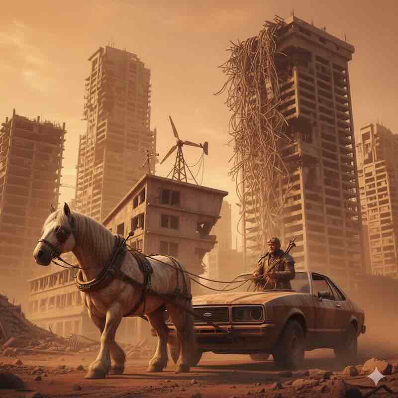 A horse pulling a rusted-out 1980s car in a desolate, post-apocalyptic cityscape.