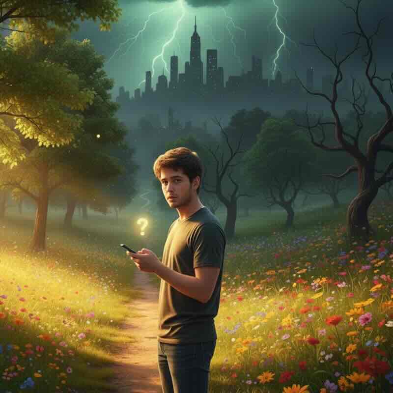 A person looking at their phone on a single path. The path starts bright and sunny with flowers and lush trees, but in the distance, it degrades into a gloomy cityscape under a stormy, lightning-filled sky with dead trees.