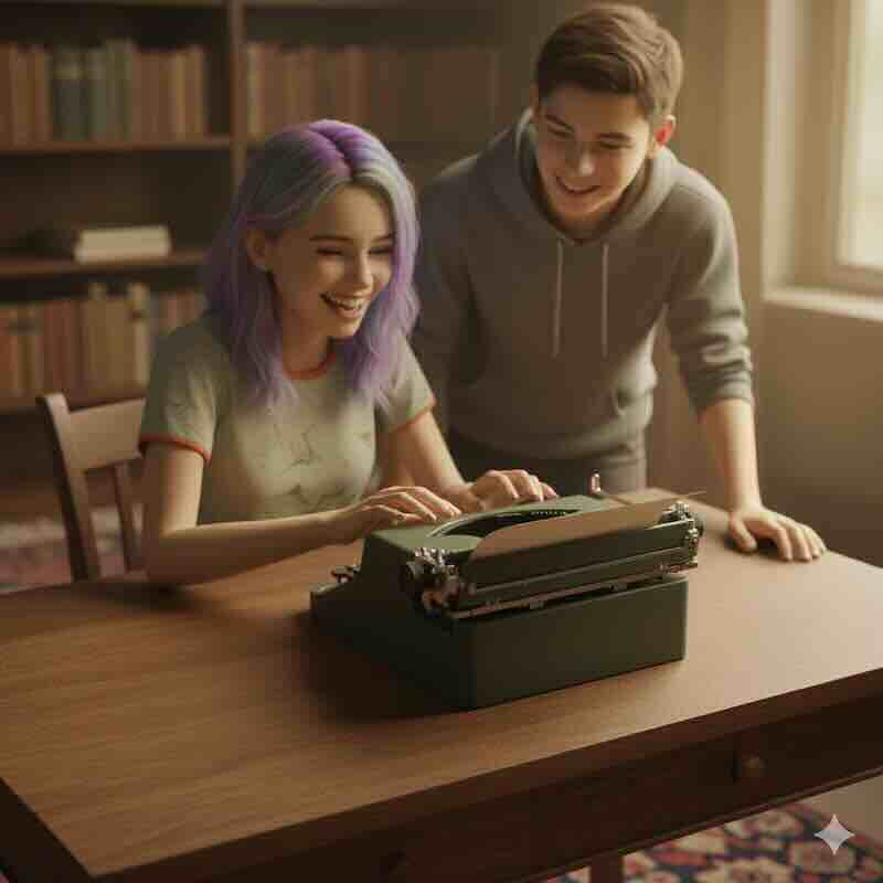 A collage of vintage technology: A Victrola record player, a manual typewriter, and a film camera, set against a warm, analog-looking background.