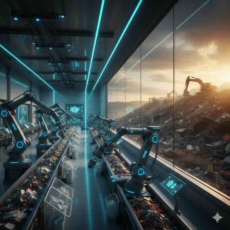 Futuristic recycling facility with AI robots sorting waste alongside excavators mining an old landfill.
