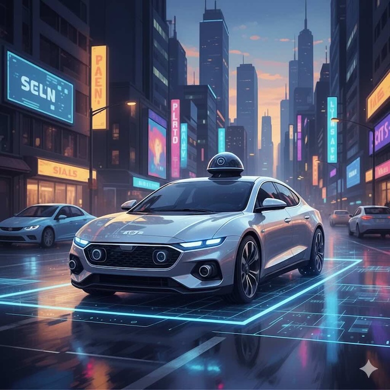 A self-driving car moves through a futuristic cityscape.