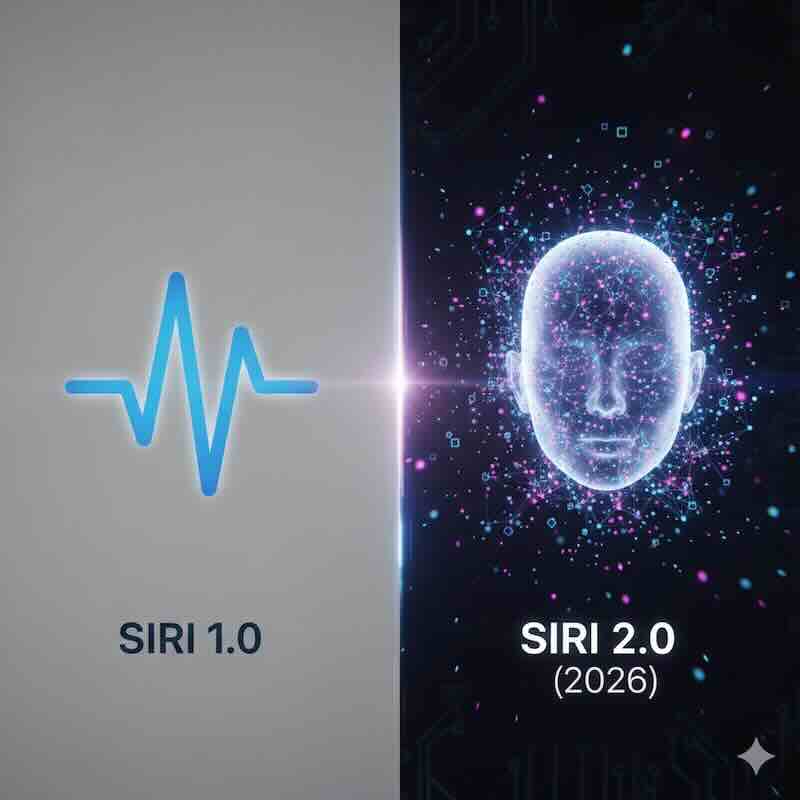 A split-screen showing old Siri on one side and a futuristic, intelligent version on the other with holographic AI elements.
