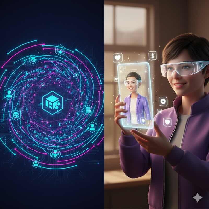 Image illustrating decentralized social networks and immersive AR/VR experiences.