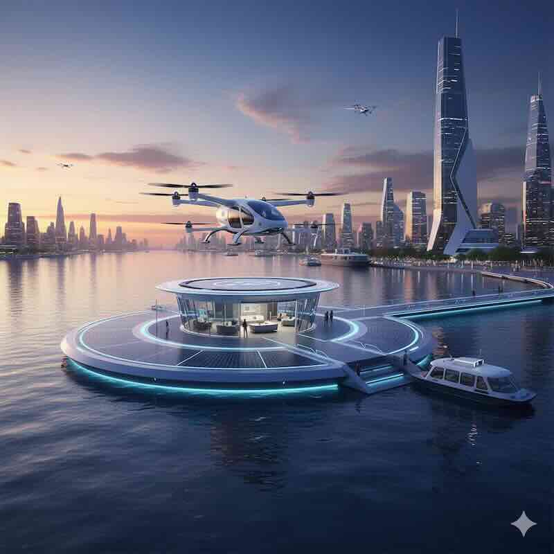 A rendering of a circular, solar-powered floating vertiport on water with an eVTOL air taxi landing.