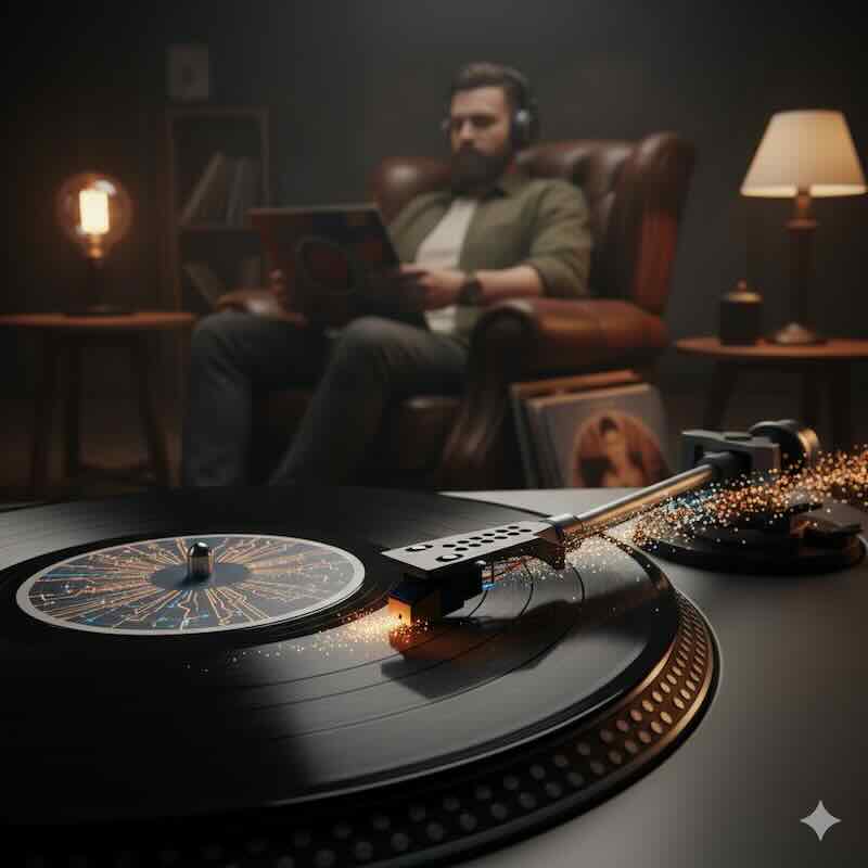 A close-up image of a turntable stylus resting on a spinning vinyl record.