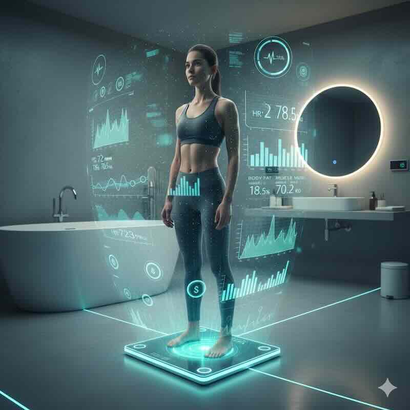 A person standing on a futuristic smart scale with holographic health data projecting around them.
